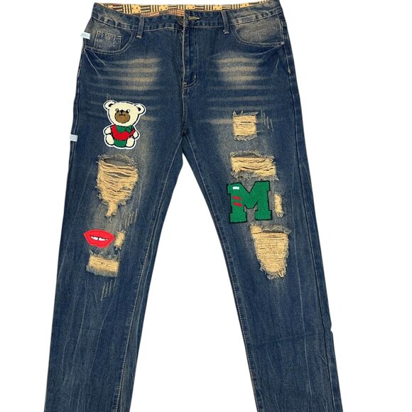 Distressed Slim Straight Jeans denim Patch Ripped Size 38 Lips Bear  Soft  jeans - Picture 4 of 10